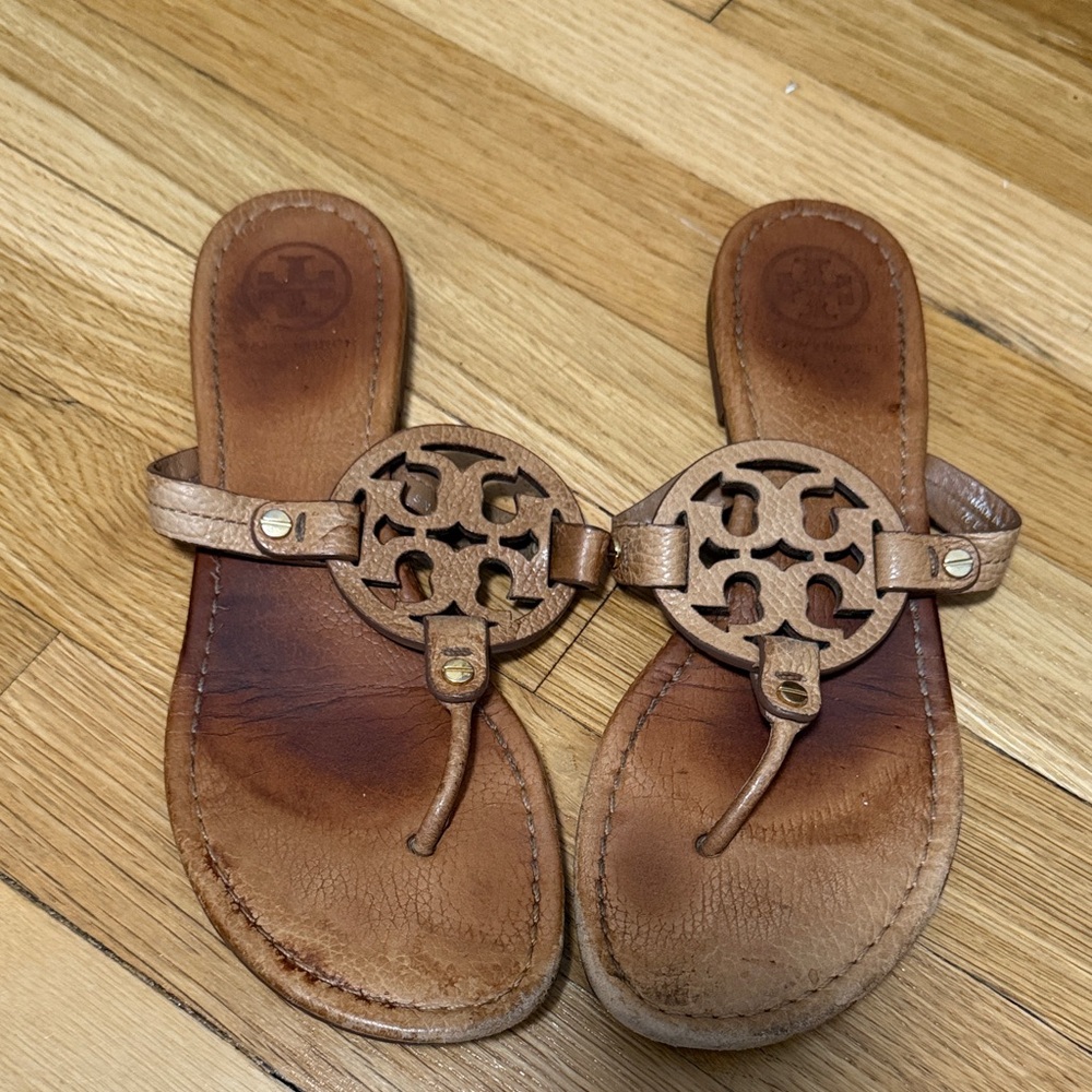 Tory Burch Tan Leather Miller Slide Sandals
